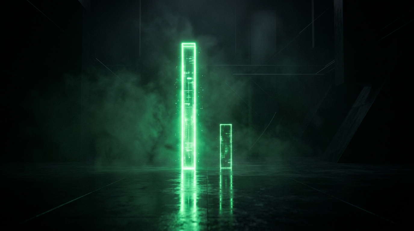 duas colunas de luz verde neon lado a lado representando comparação de nichos, uma mais alta simbolizando maior retorno, estilo escuro cinematográfico