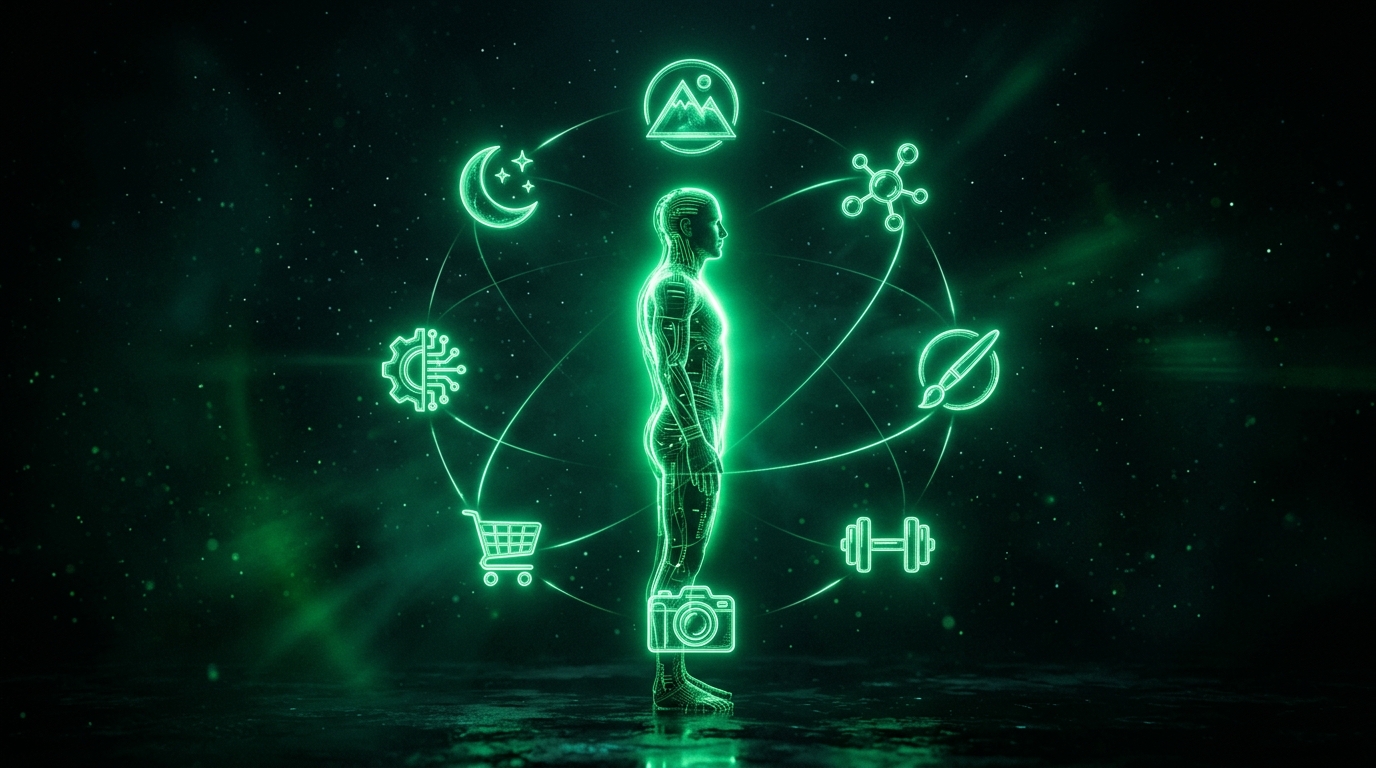 holograma verde neon de oito ícones de nicho flutuando ao redor de uma silhueta central de avatar, estilo cinematográfico escuro