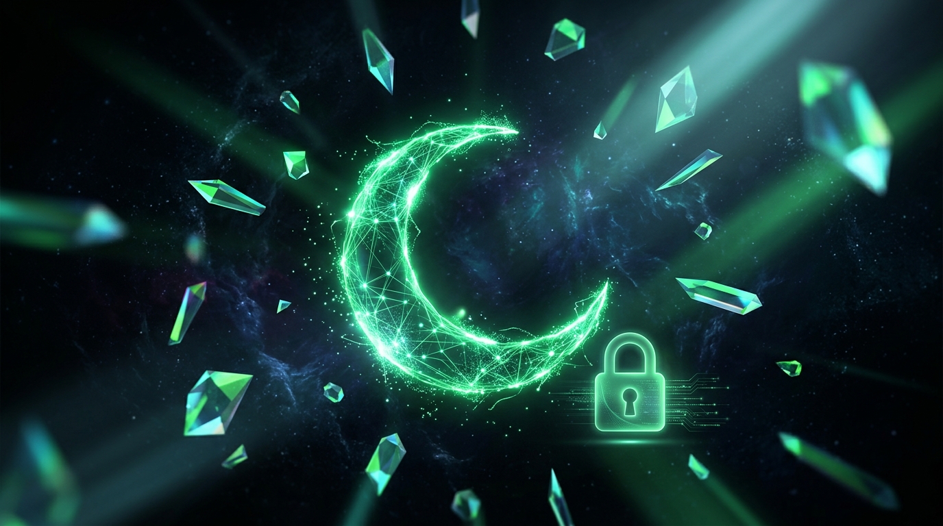 lua crescente holográfica verde neon cercada por cristais e um ícone de assinatura fechada, fundo escuro cinematográfico