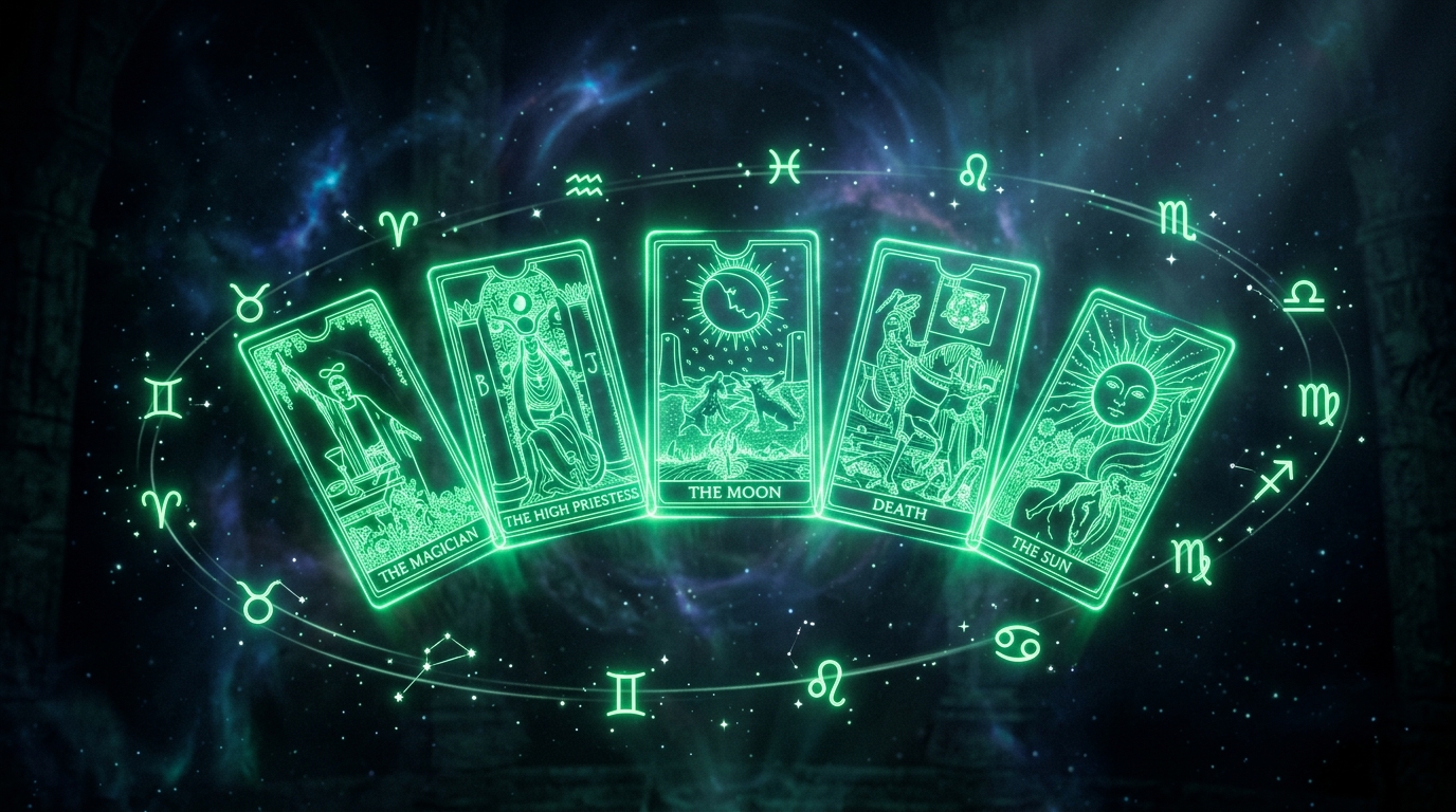 cinco cartas de tarô holográficas verde neon flutuando em leque com símbolos de signos do zodíaco ao redor, fundo escuro cinematográfico