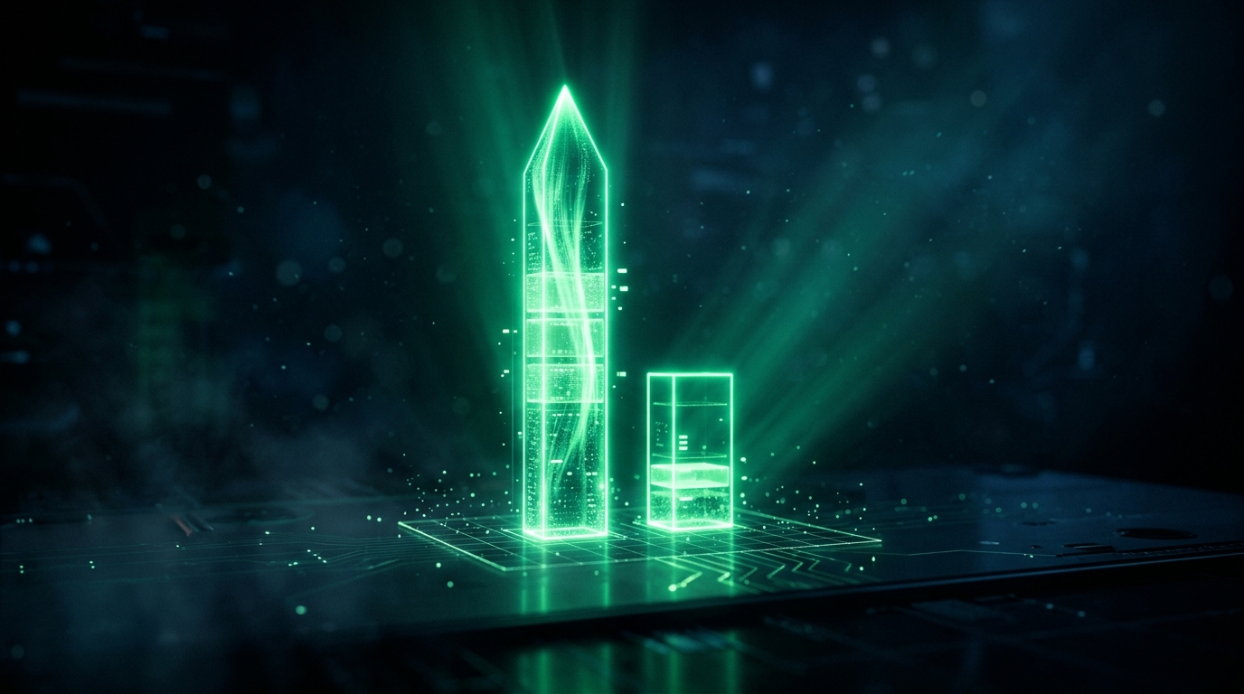 gráfico de barras holográfico verde neon comparando retorno de campanha com influencer sintético contra campanha tradicional, fundo escuro cinematográfico