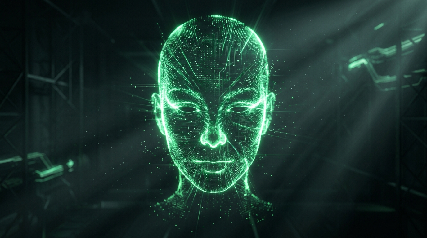 retrato holográfico verde neon de um rosto sintético de personagem digital em estúdio virtual, luzes cinematográficas escuras