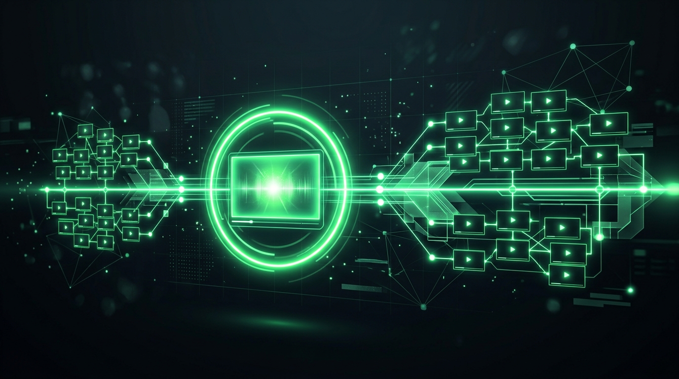 linha do tempo holográfica verde neon com blocos de vídeo antes e depois de um bloco central maior de transmissão ao vivo, sobre fundo escuro