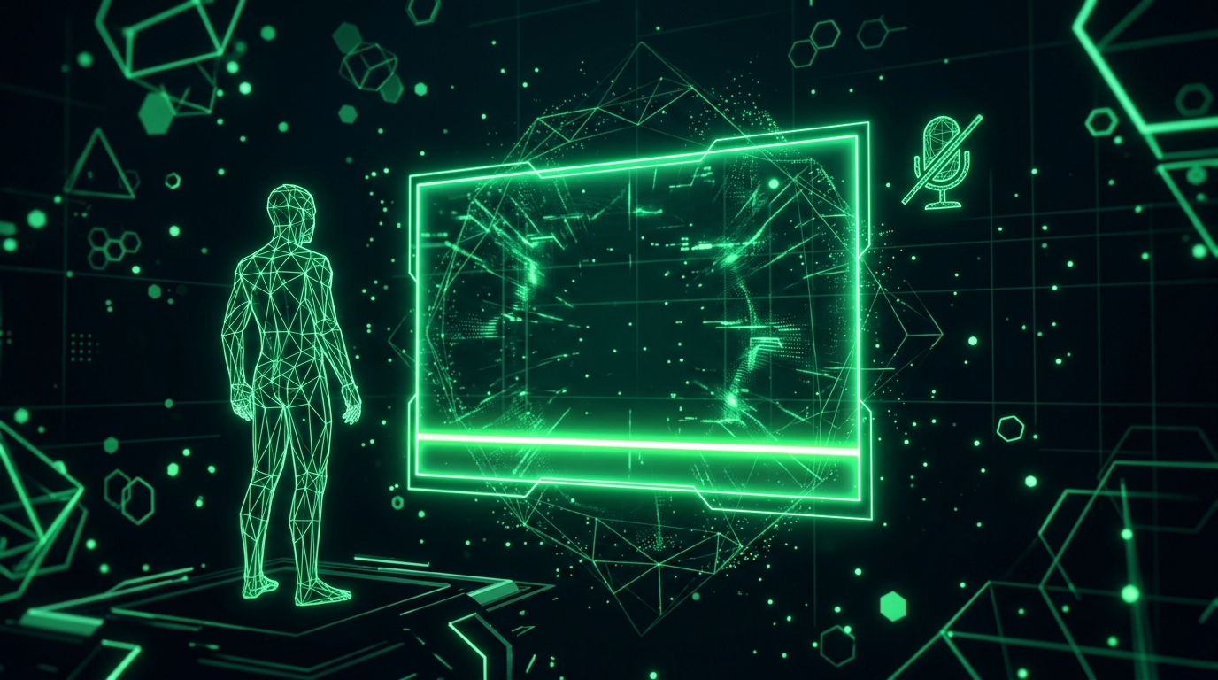 figura humanoide geométrica verde neon fora de um quadro de transmissão ao vivo, com um símbolo de microfone bloqueado, sobre fundo escuro