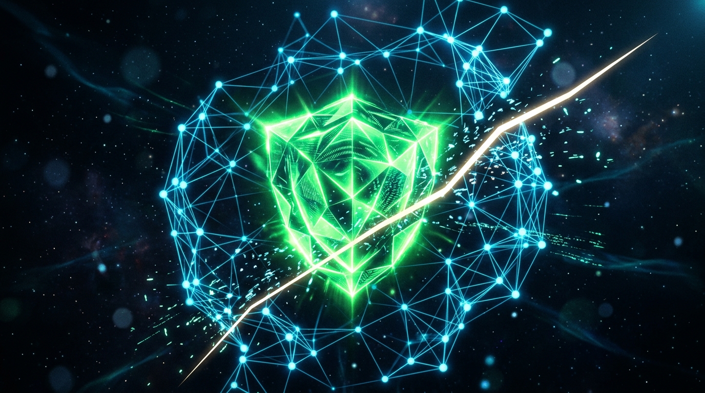 escudo geométrico holográfico verde neon cercado por uma rede de nós luminosos, com uma linha de corte atravessando parte da rede, sobre fundo escuro