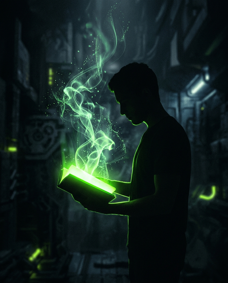 silhueta segurando um livro brilhante com luz verde neon saindo das páginas como fumaça digital, fundo escuro cinematográfico