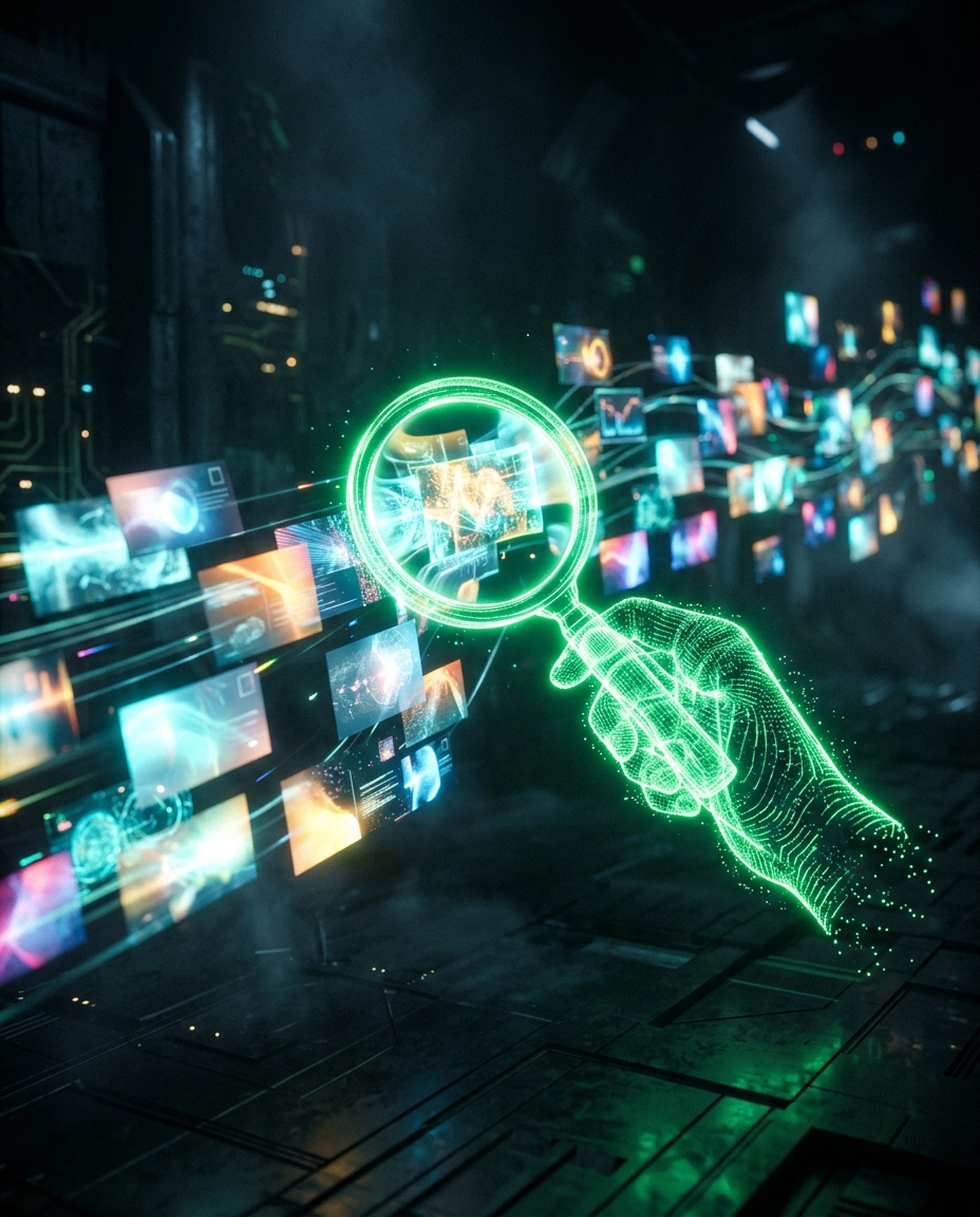 mão holográfica verde neon segurando uma lupa sobre um feed de posts abstratos brilhantes, fundo escuro cinematográfico