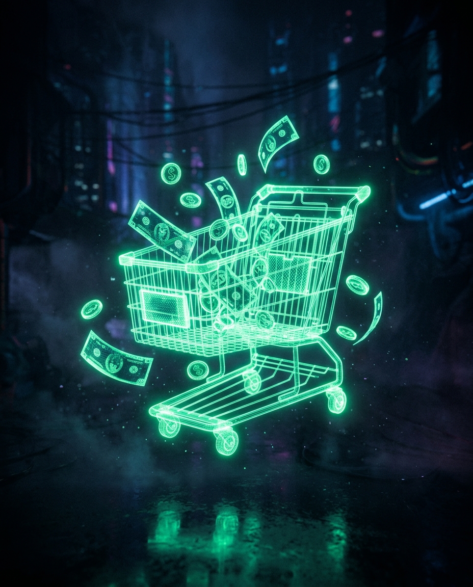 carrinho de compras holográfico verde neon com notas e moedas flutuando ao redor, fundo escuro cinematográfico