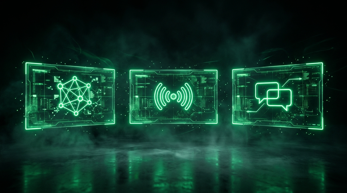 tela dividida em três painéis verde neon representando canais de contato de marca, estilo escuro cinematográfico
