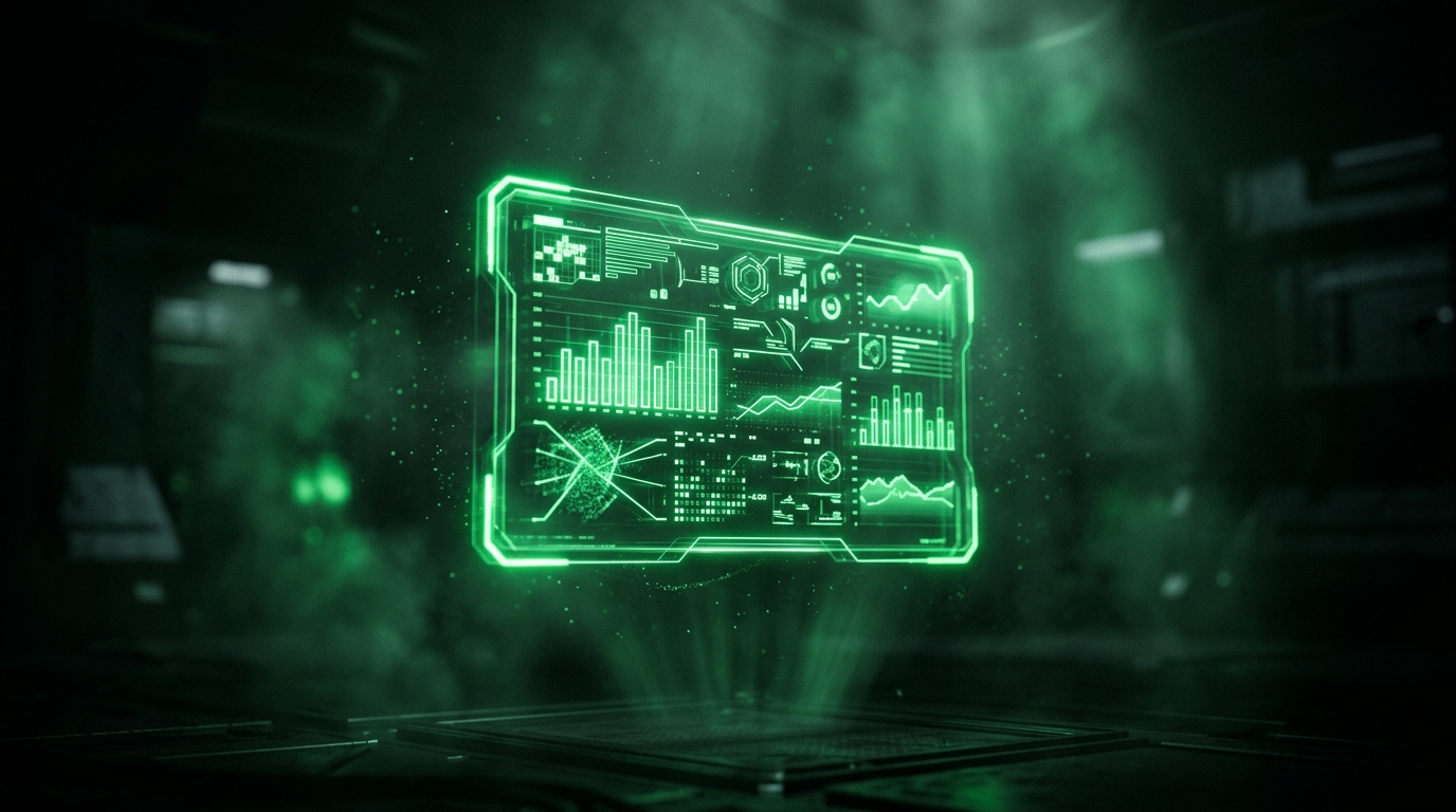 painel holográfico verde neon exibindo um media kit digital flutuante com gráficos, estilo cinematográfico escuro