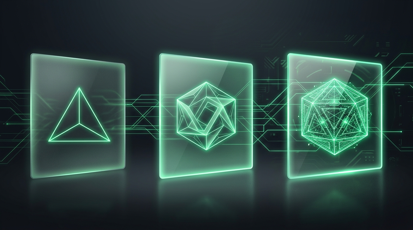 escala holográfica verde neon com três níveis de formas geométricas, de estilizada a detalhada, com um painel translúcido brilhante à frente representando transparência