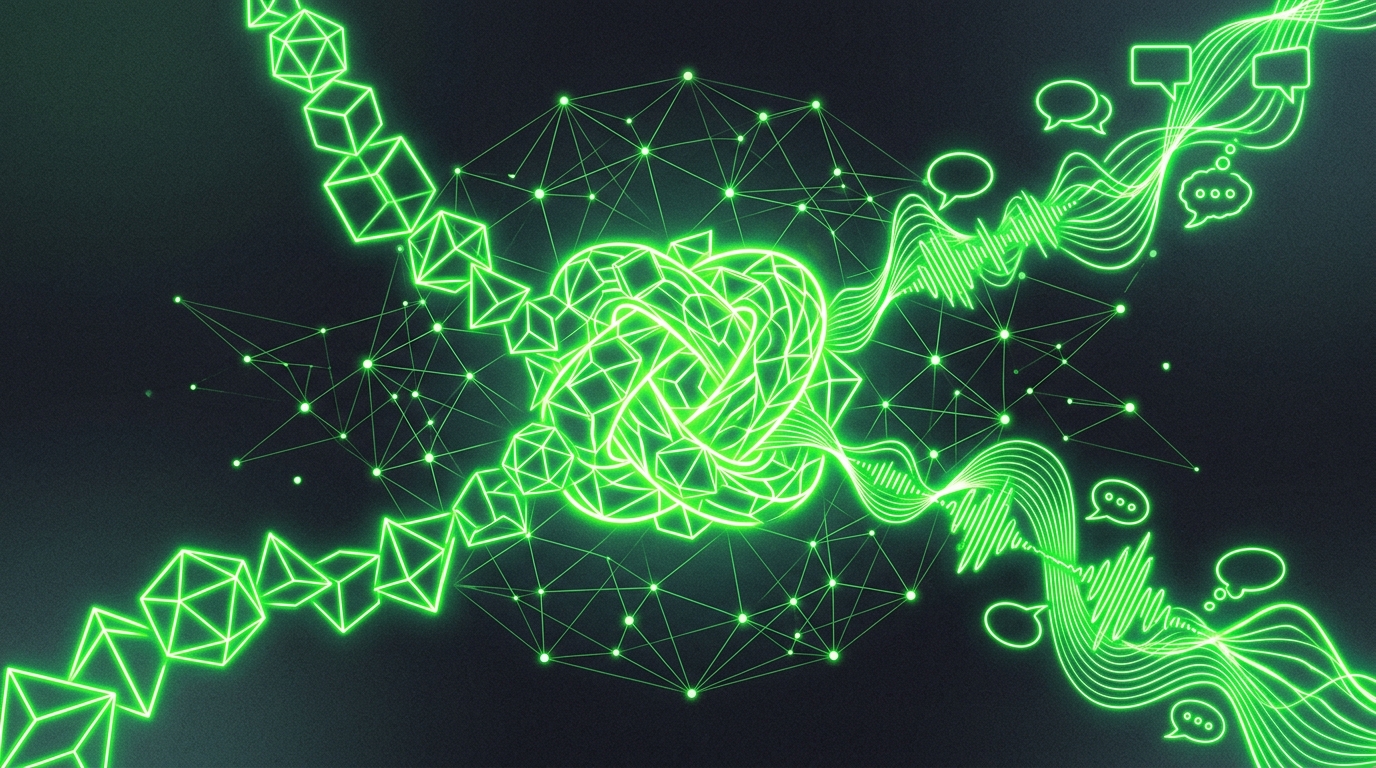 duas estruturas holográficas verde neon entrelaçadas, uma de formas e outra de ondas de comunicação, convergindo num nó central de confiança sobre fundo escuro