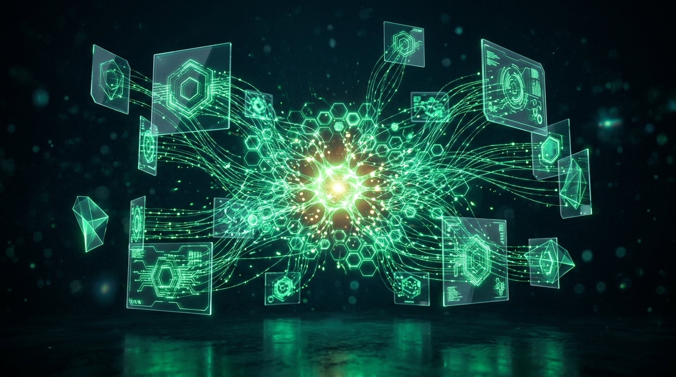 painel holográfico verde neon com documentos geométricos flutuantes e fluxos de dados, representando propostas de marca organizadas por ia