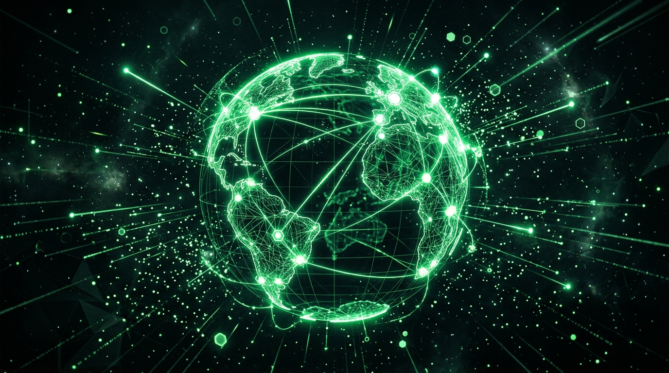 globo holográfico verde neon com rotas de luz ligando continentes, representando a expansão do afiliado entre países