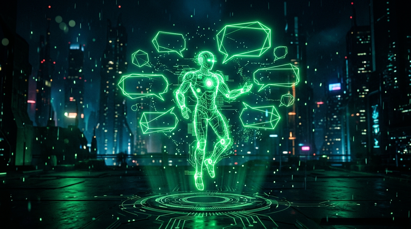 robô conversacional holográfico verde neon com balões de diálogo flutuando ao redor, estilo cinematográfico escuro