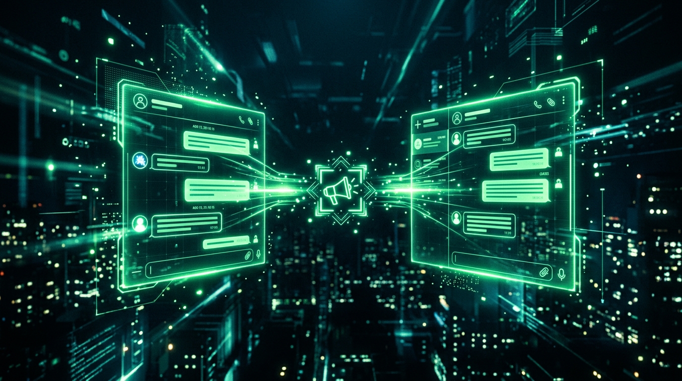 duas interfaces de chat holográficas verde neon lado a lado, com um símbolo de anúncio brilhando entre elas, fundo escuro cinematográfico