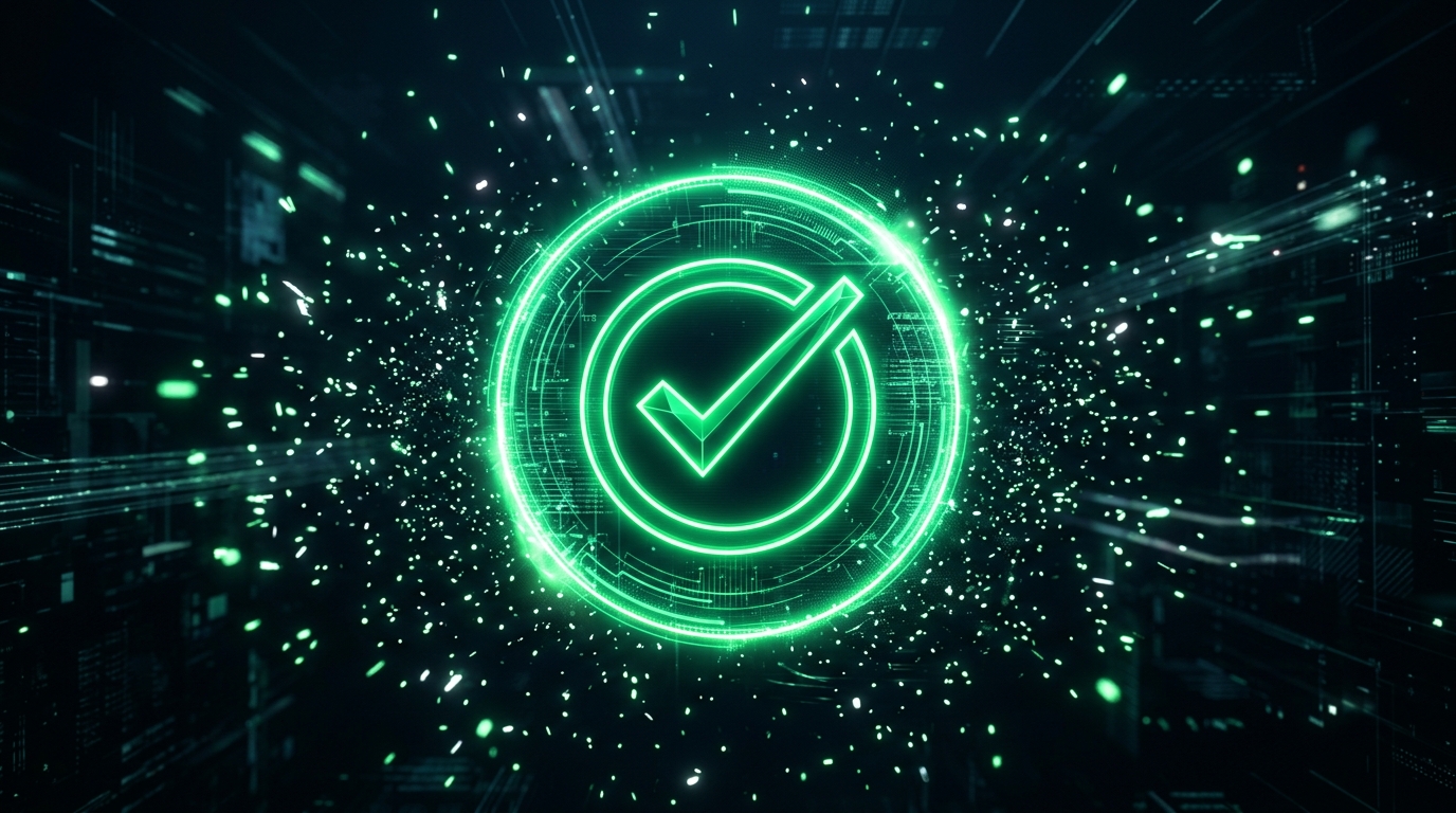 selo digital holográfico verde neon com símbolo de verificação flutuando sobre fundo escuro cinematográfico