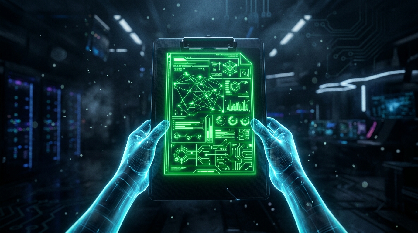 prancheta holográfica verde neon com documento digital brilhante flutuando sobre fundo escuro cinematográfico