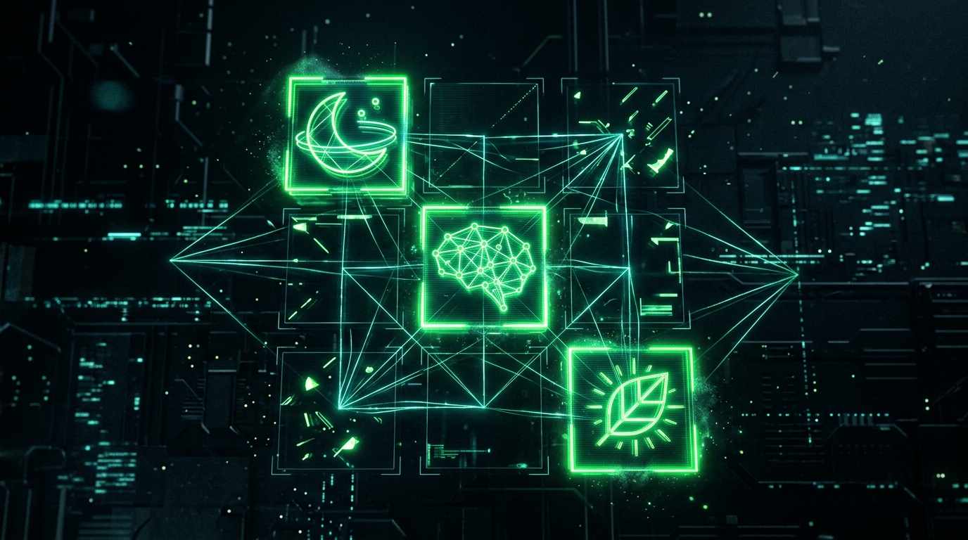 grade de ícones holográficos verde neon representando sono, mente e nutrição flutuando sobre fundo escuro cinematográfico