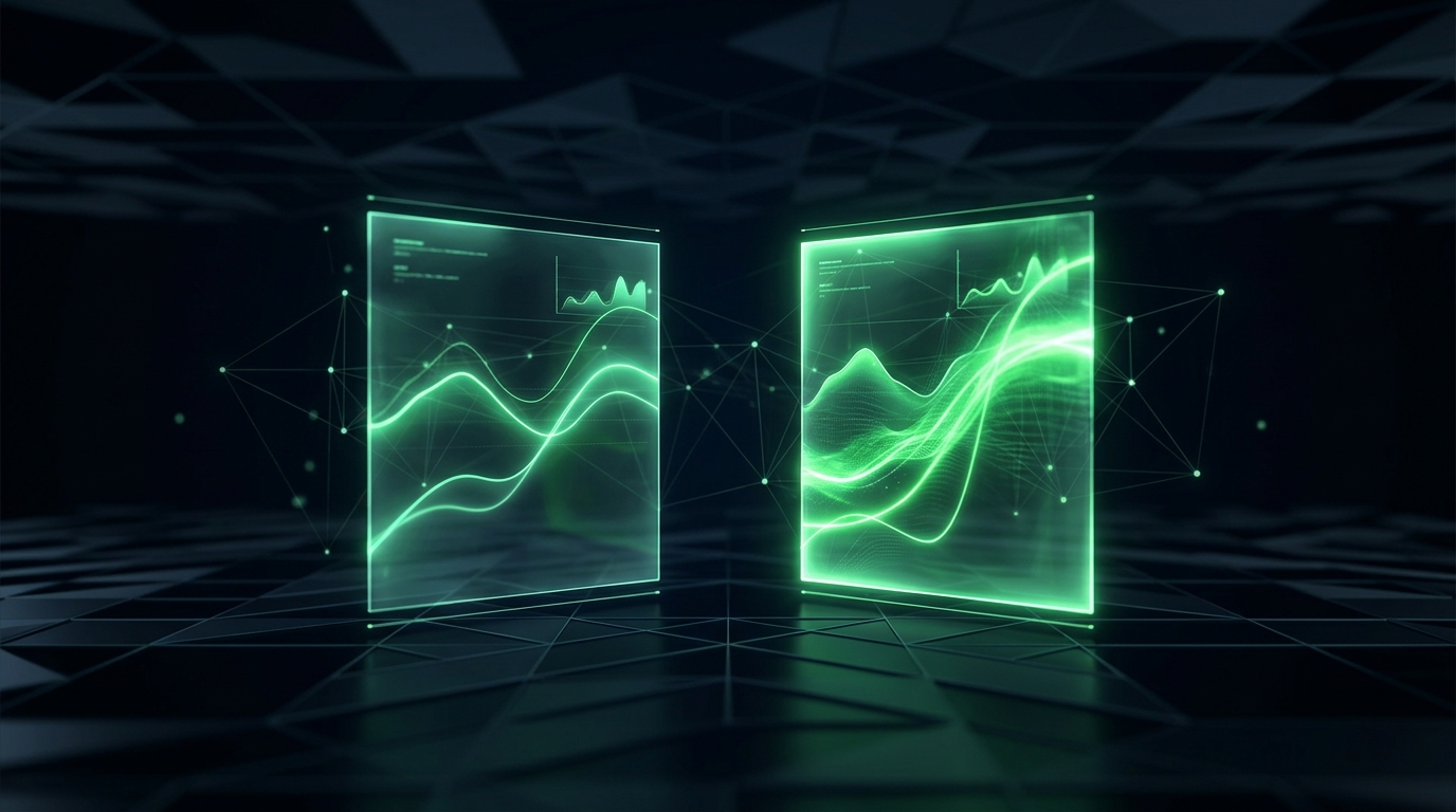 dois painéis holográficos verde neon lado a lado com curvas de desempenho, um deles destacado como vencedor