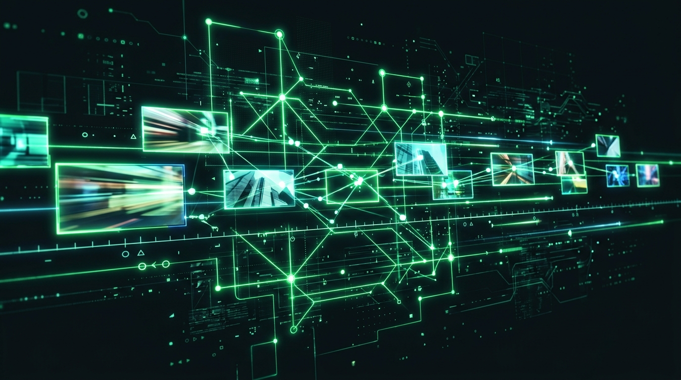 clipes holográficos verde neon sendo reorganizados por uma rede de nós luminosa, representando edição assistida por ia