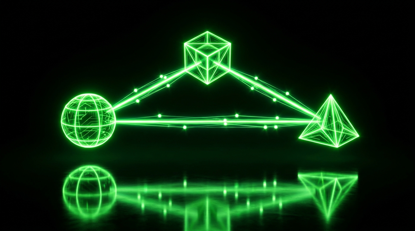 três formas geométricas verde neon ligadas por feixes de luz em fundo escuro, representando a responsabilidade compartilhada entre marca, agência e influencer de ia