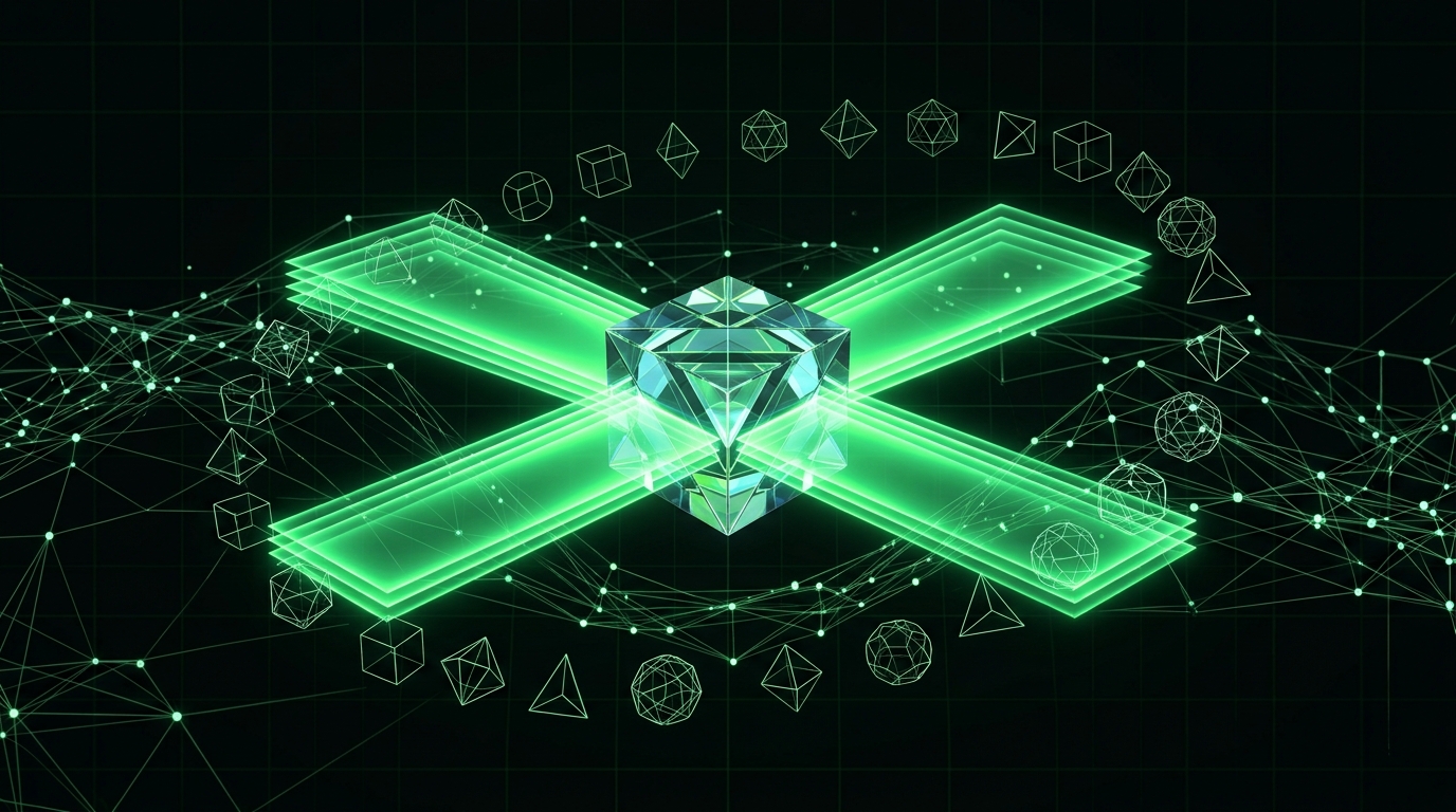 prisma geométrico verde neon projetando duas camadas de luz sobre uma rede de nós em fundo escuro, representando os dois avisos de publi e de conteúdo de ia