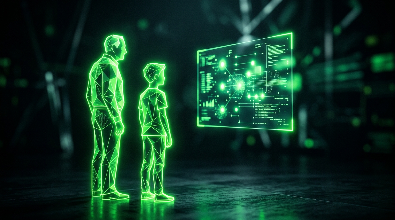 silhueta geométrica verde neon de um avô e um neto lado a lado observando uma tela de luz, fundo escuro cinematográfico