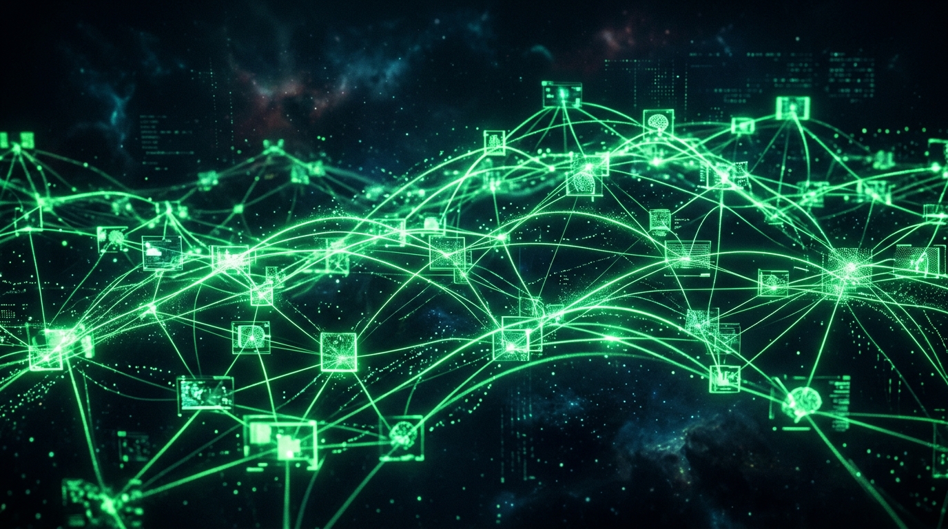 rede holográfica verde neon de nós de vídeo interconectados representando um ecossistema de conteúdo gerado por ia, fundo escuro cinematográfico