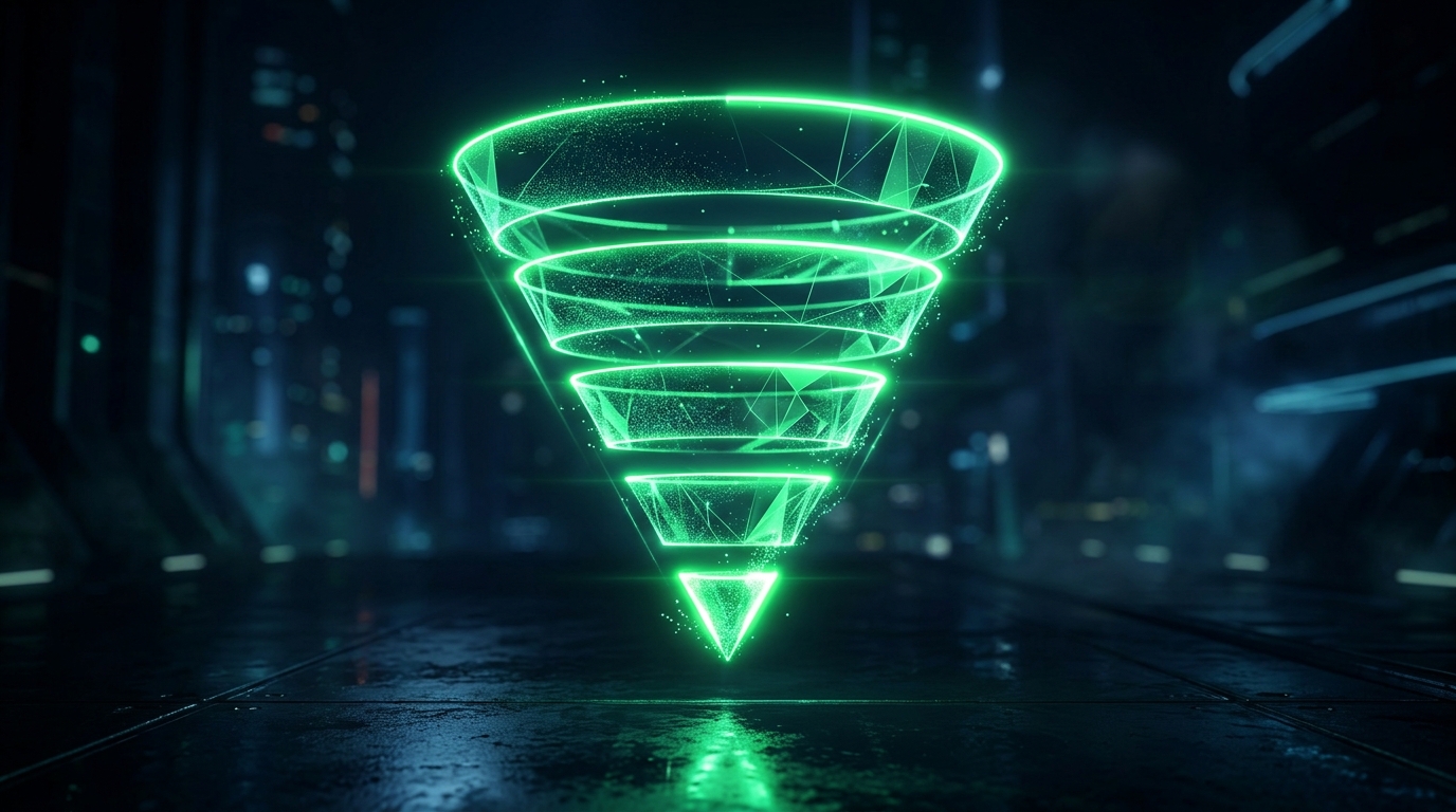 gráfico de funil holográfico verde neon com camadas decrescentes representando a jornada de descoberta até a compra, fundo escuro cinematográfico