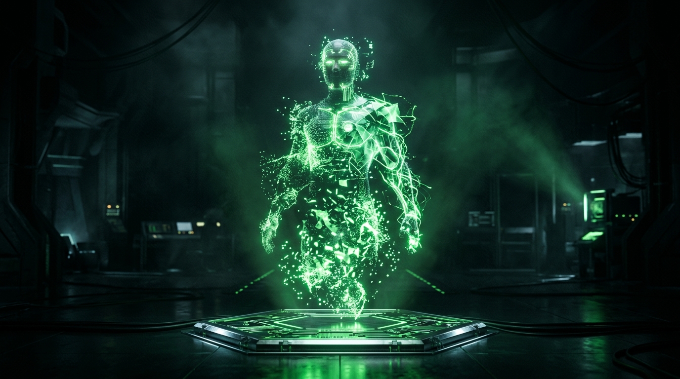 holograma verde neon de um avatar digital sendo gerado camada por camada dentro de um estúdio futurista escuro