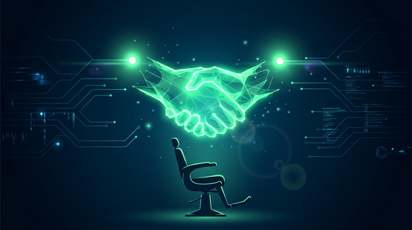 aperto de mão holográfico verde neon entre dois nós de luz acima da silhueta de uma cadeira de barbearia, representando parceria b2b, estilo escuro cinematográfico