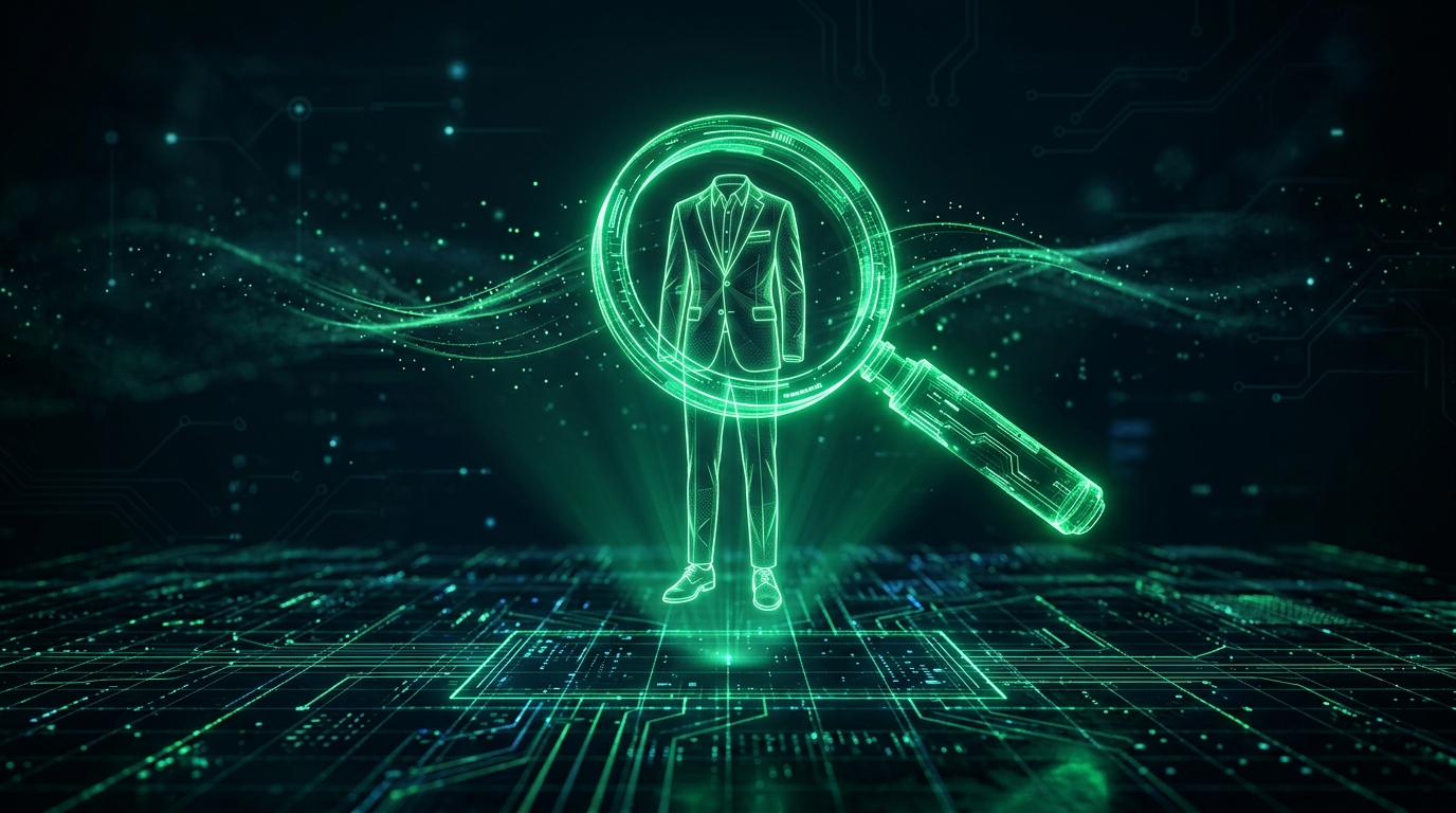 lupa holográfica verde neon inspecionando a silhueta de roupa masculina sobre grade digital, estilo cinematográfico escuro