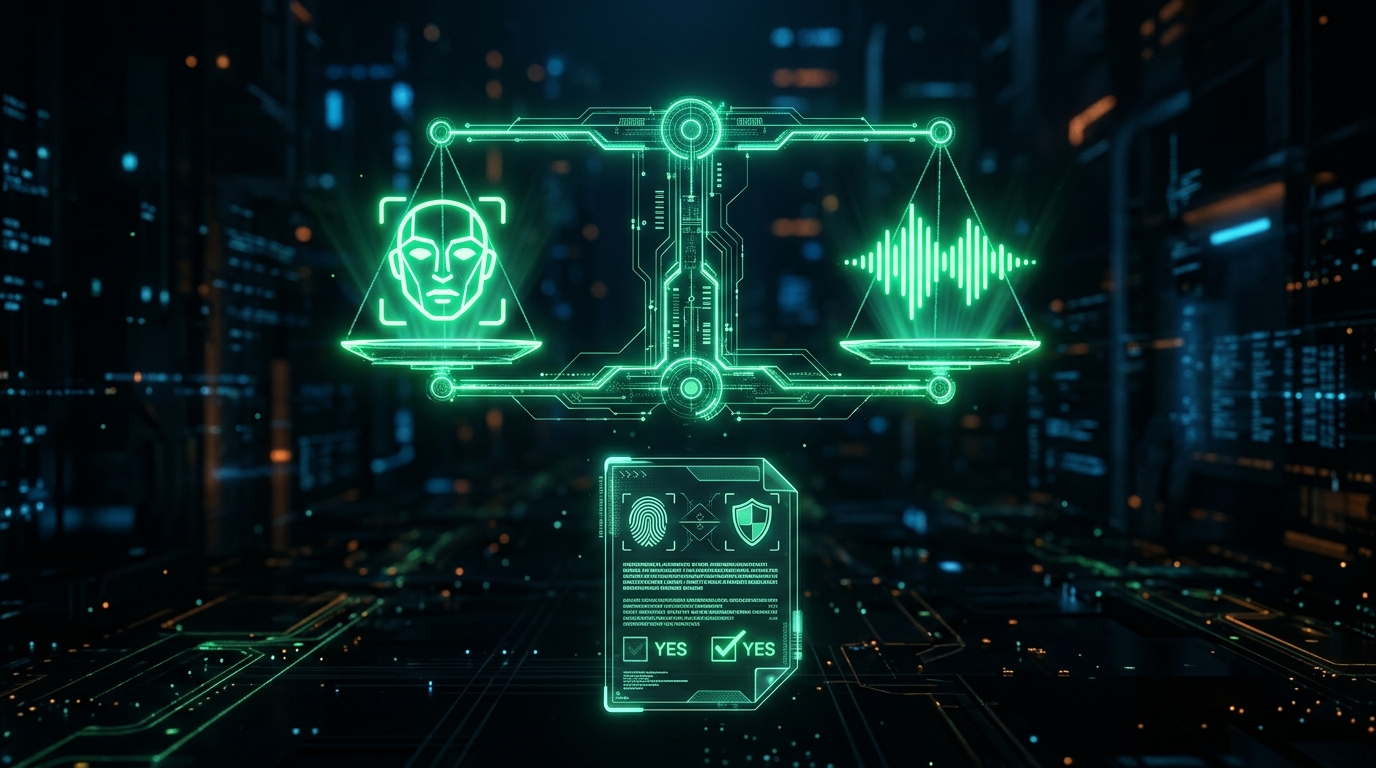 balança holográfica verde neon equilibrando um ícone de rosto e um ícone de ondas sonoras sobre um documento de consentimento, fundo escuro cinematográfico