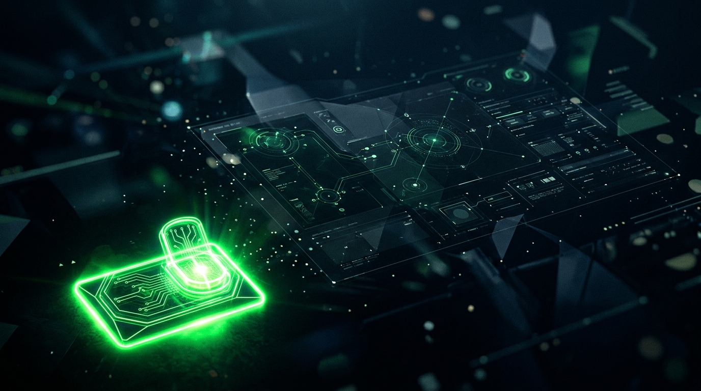 interruptor holográfico verde neon escondido no canto inferior de um painel de configurações digitais, estilo escuro cinematográfico
