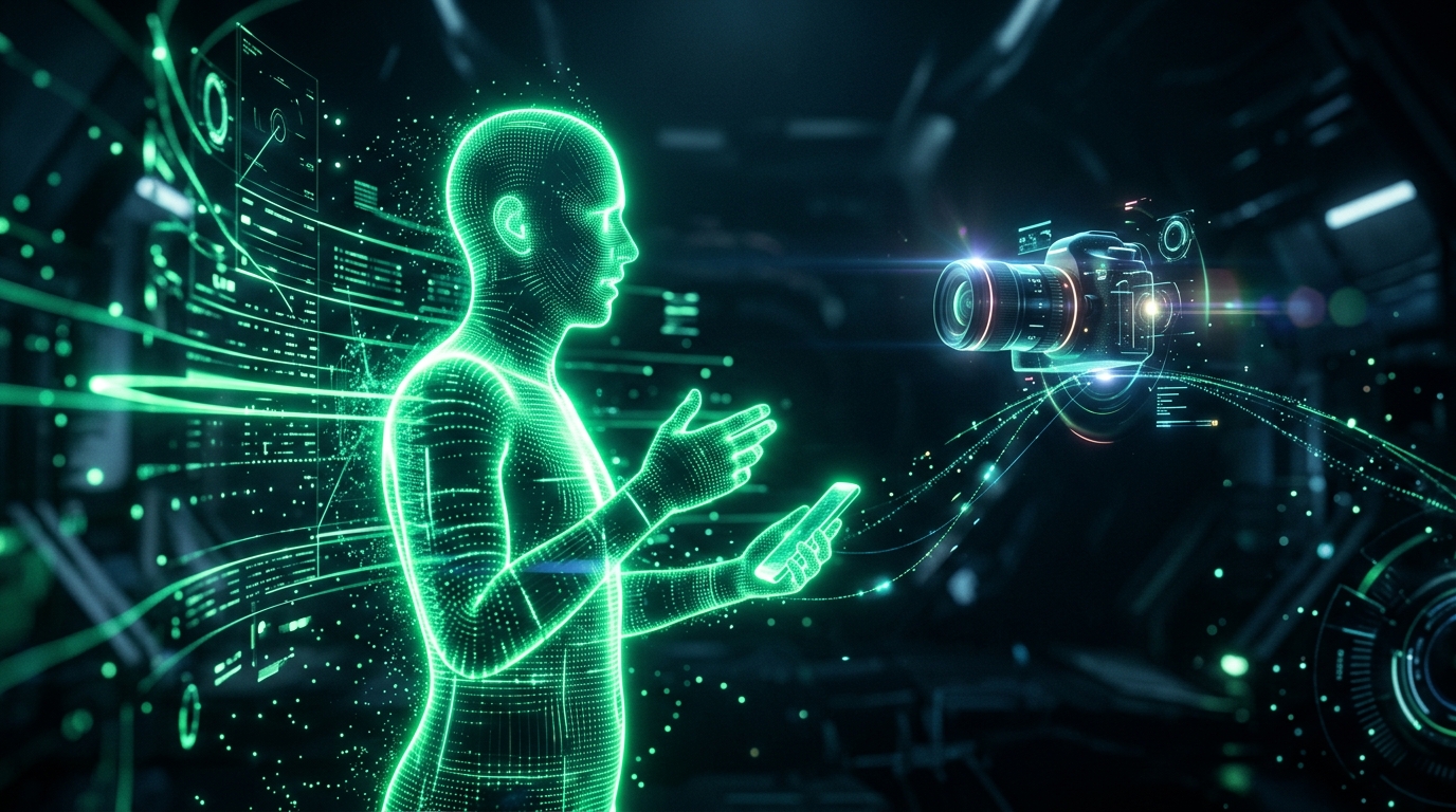 silhueta de avatar holográfico verde neon gravando um vídeo curto em frente a uma câmera digital flutuante, estilo cinematográfico escuro