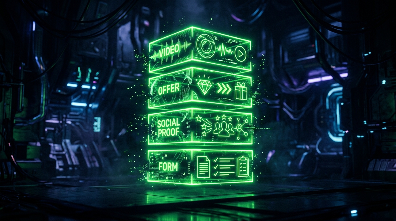 quatro blocos holográficos verde neon empilhados representando vídeo, oferta, prova social e formulário, fundo escuro cinematográfico