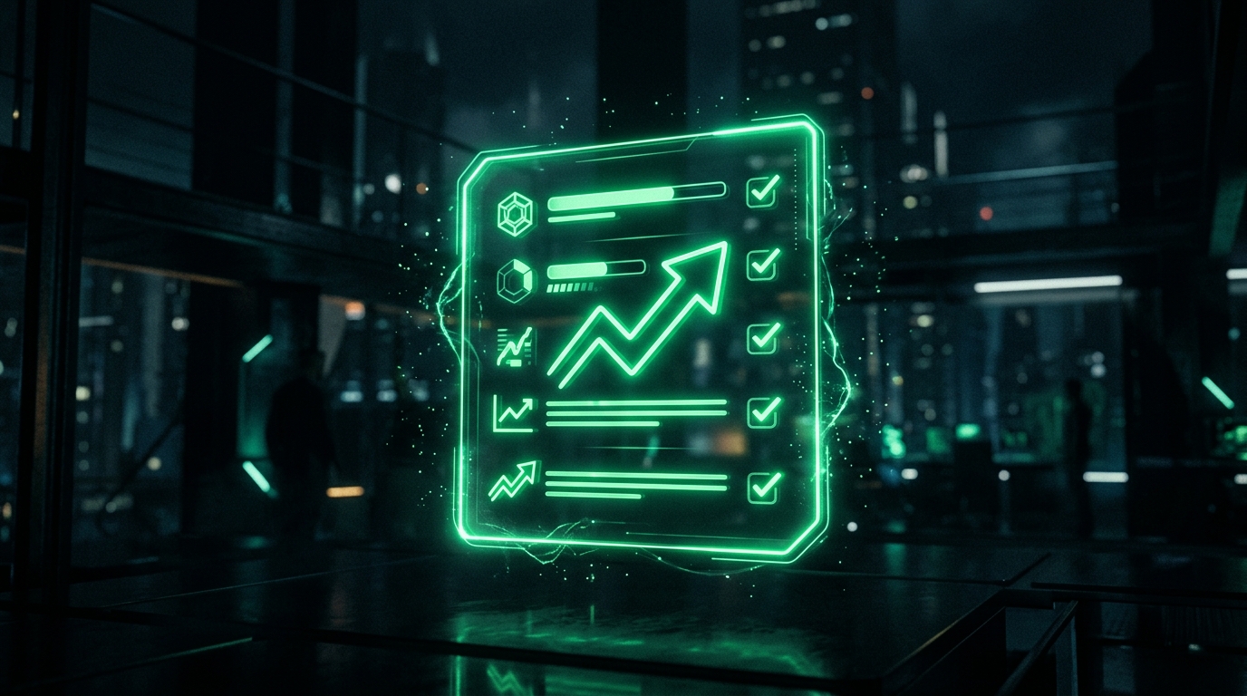checklist holográfico verde neon flutuante com ícones abstratos de crescimento, fundo escuro cinematográfico