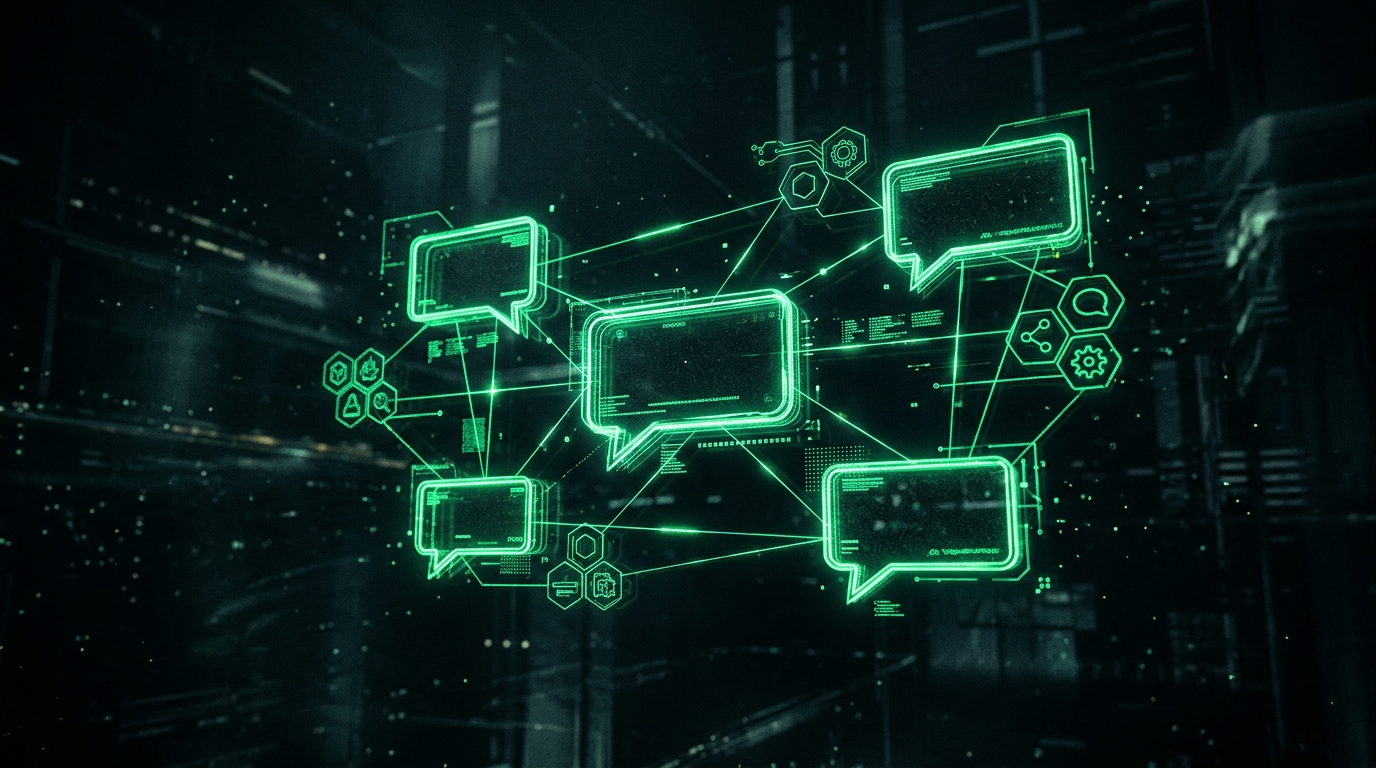 múltiplos balões de chat holográficos verde neon conectados a ícones de marcas abstratas flutuando no escuro, estilo cinematográfico