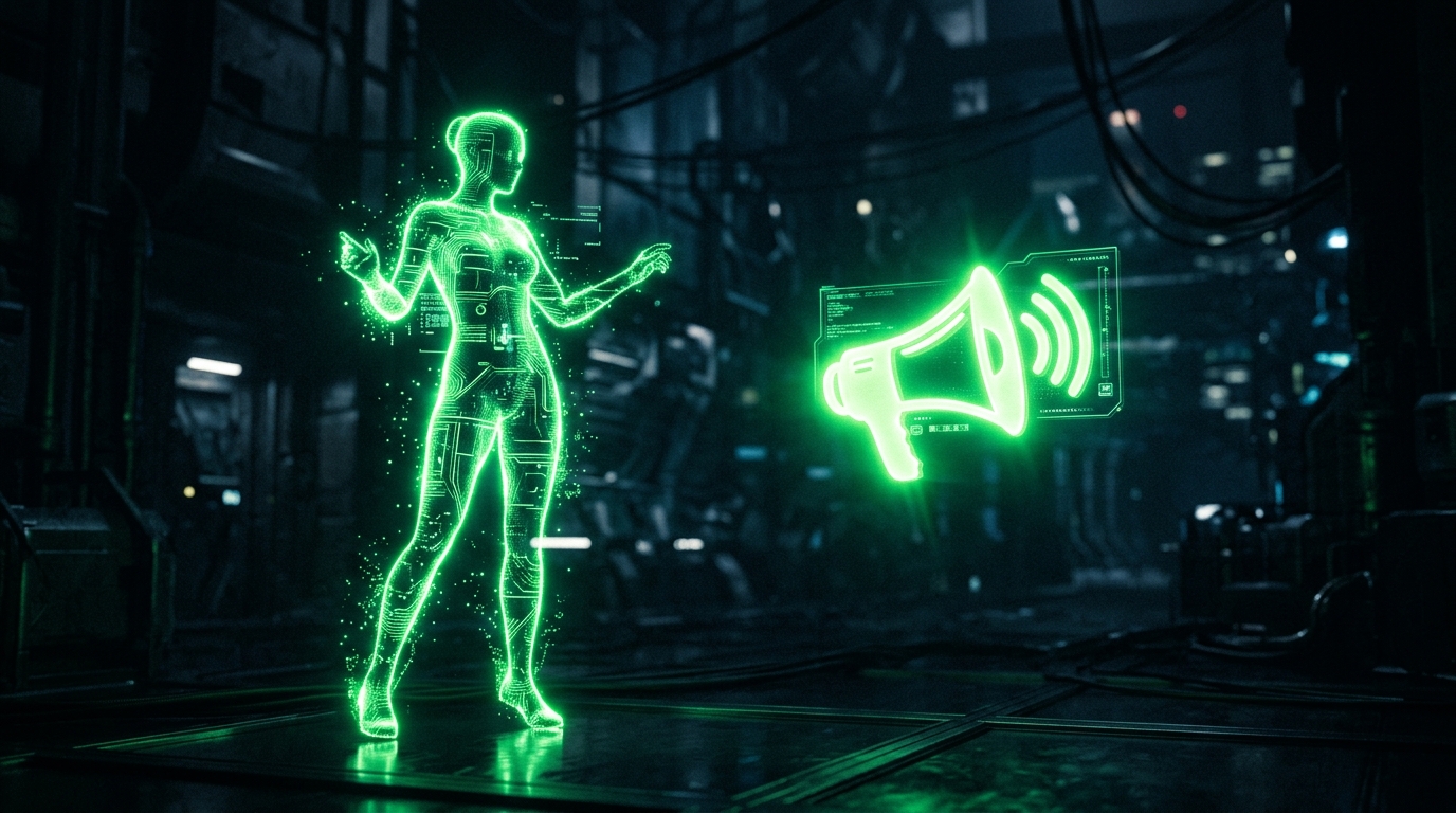 silhueta de avatar de influencer de ia holográfico verde neon ao lado de um ícone de megafone brilhante, fundo escuro