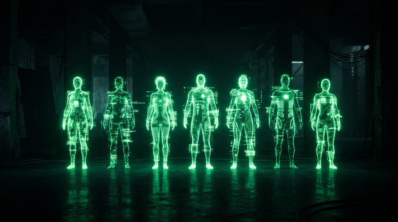 várias silhuetas holográficas verde neon representando diferentes personas digitais em fileira, fundo escuro cinematográfico