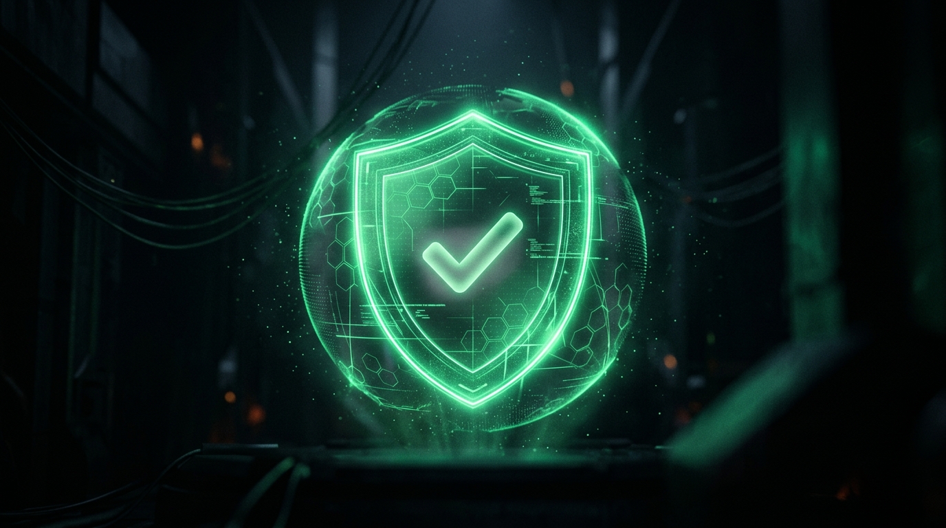 escudo holográfico verde neon com símbolo de verificação, fundo escuro cinematográfico
