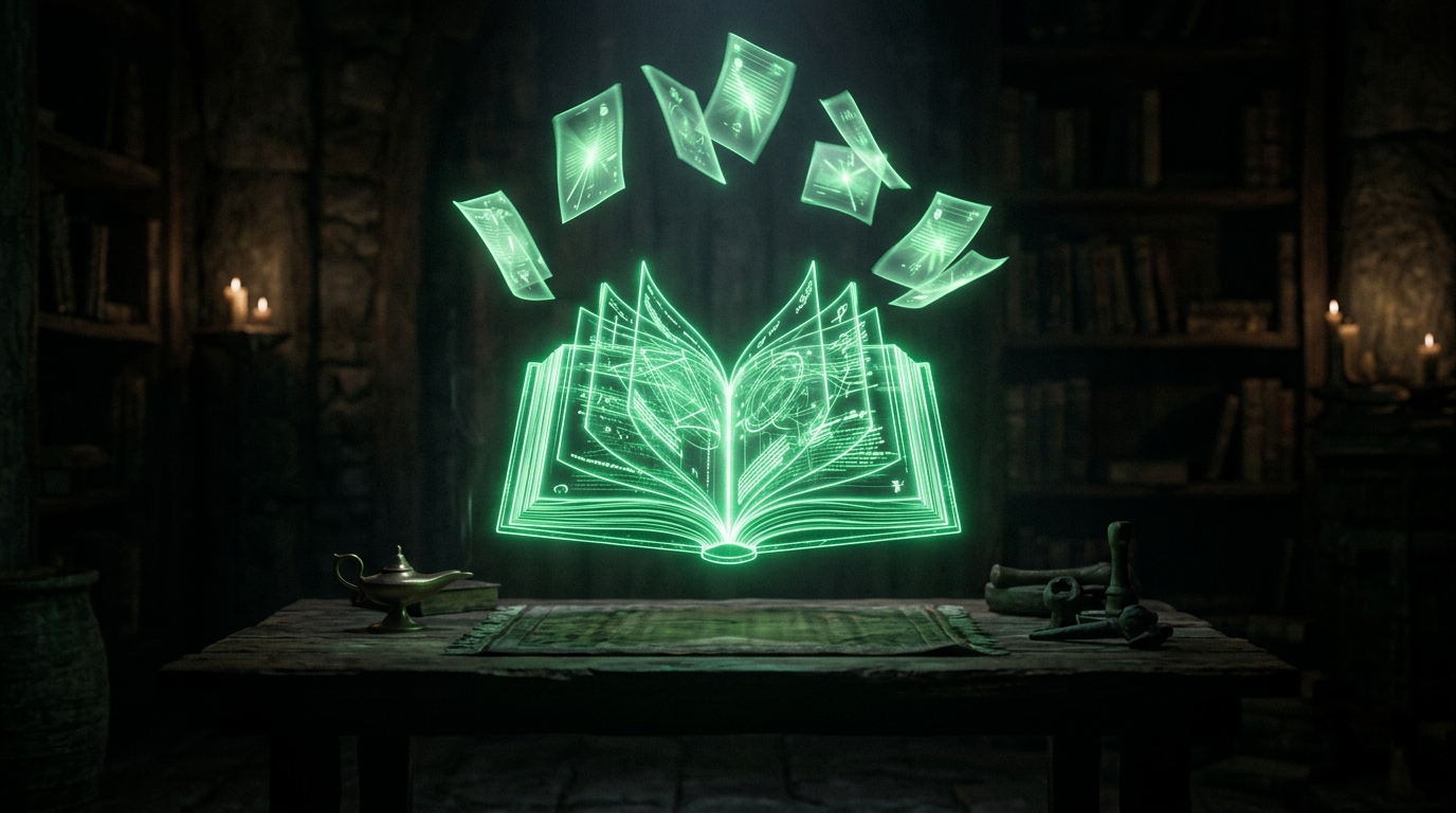 livro aberto holográfico verde neon com páginas brilhantes flutuando, fundo escuro cinematográfico