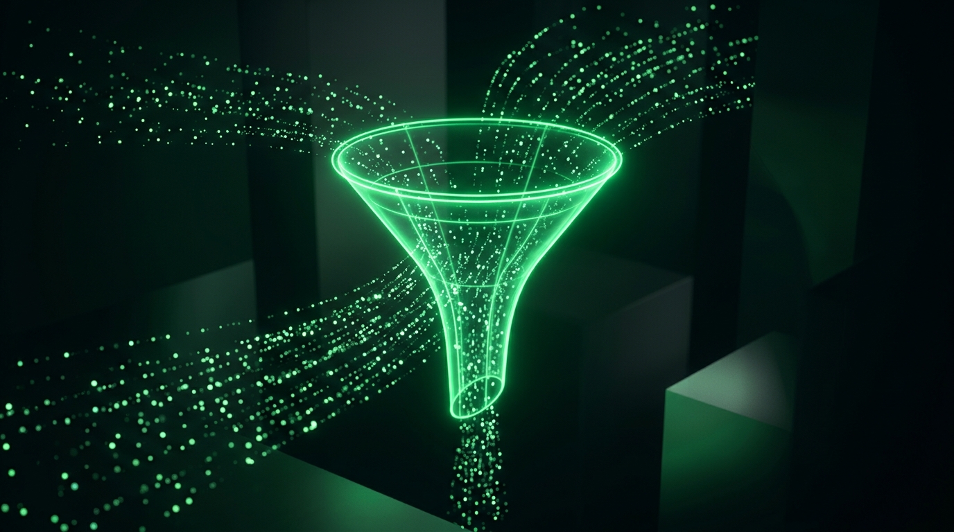 funil holográfico verde neon com partículas de luz entrando, fundo escuro cinematográfico