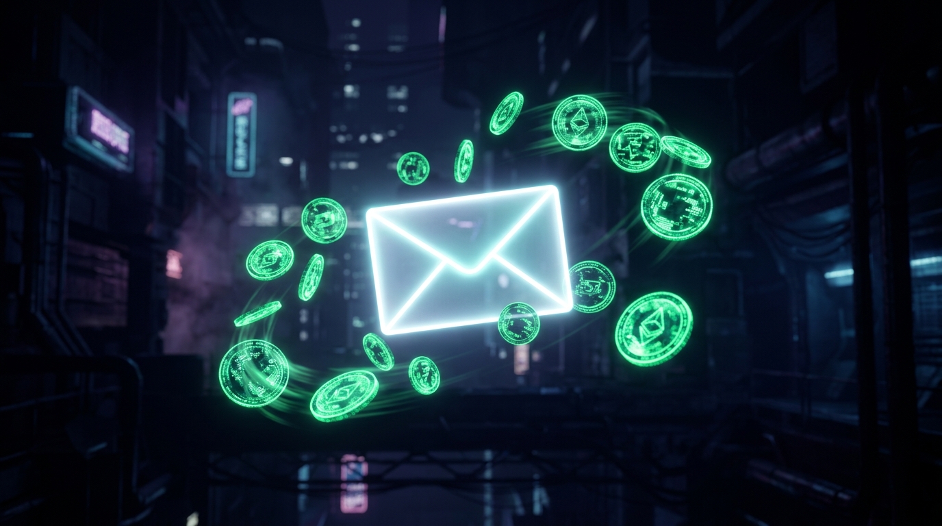 moedas holográficas verde neon flutuando ao redor de um envelope brilhante, fundo escuro cinematográfico