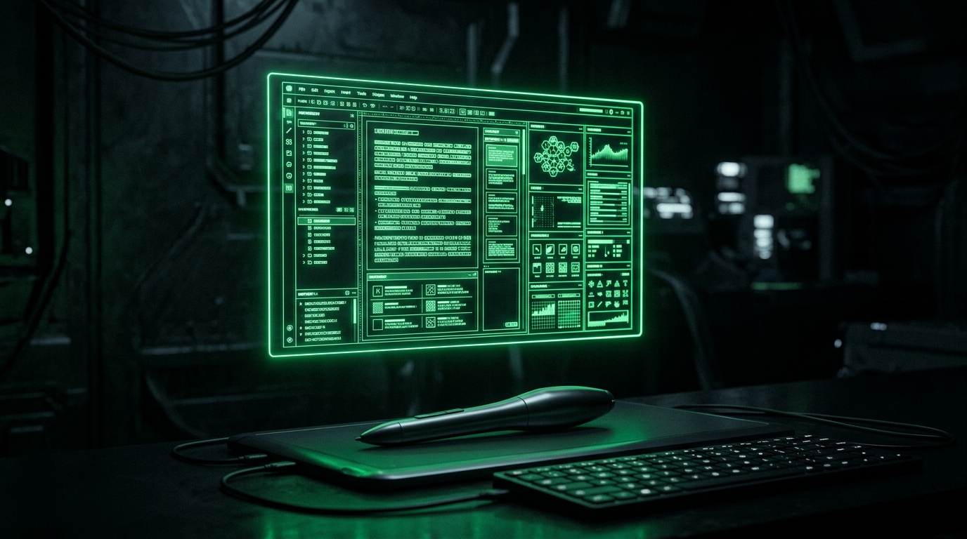 tela holográfica verde neon com blocos de texto organizados tipo editor, fundo escuro cinematográfico