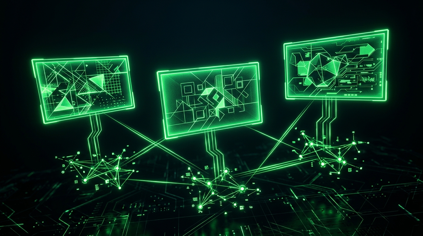 três painéis holográficos verde neon com composições abstratas diferentes, cada um ligado a um grupo distinto de nós de audiência