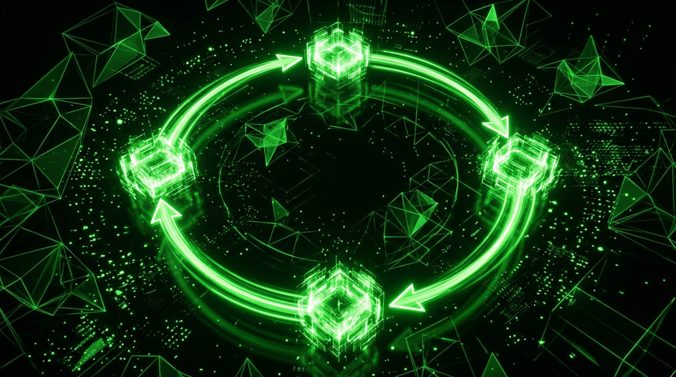 ciclo circular de nós holográficos verde neon representando o fluxo de pauta, rascunho, embalagem e leitura de métricas