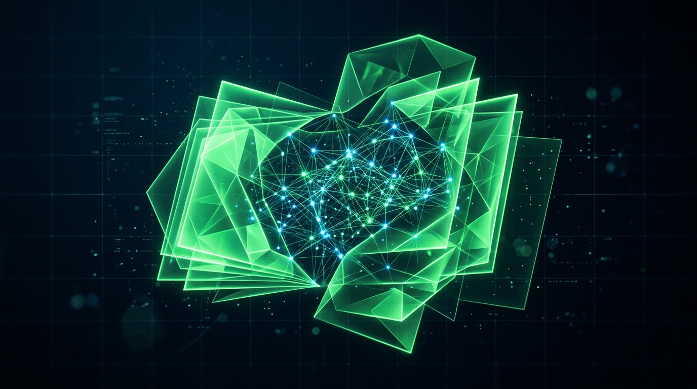 painel geométrico verde neon se abrindo em camadas sobre fundo escuro, representando o painel "como este anúncio foi feito"