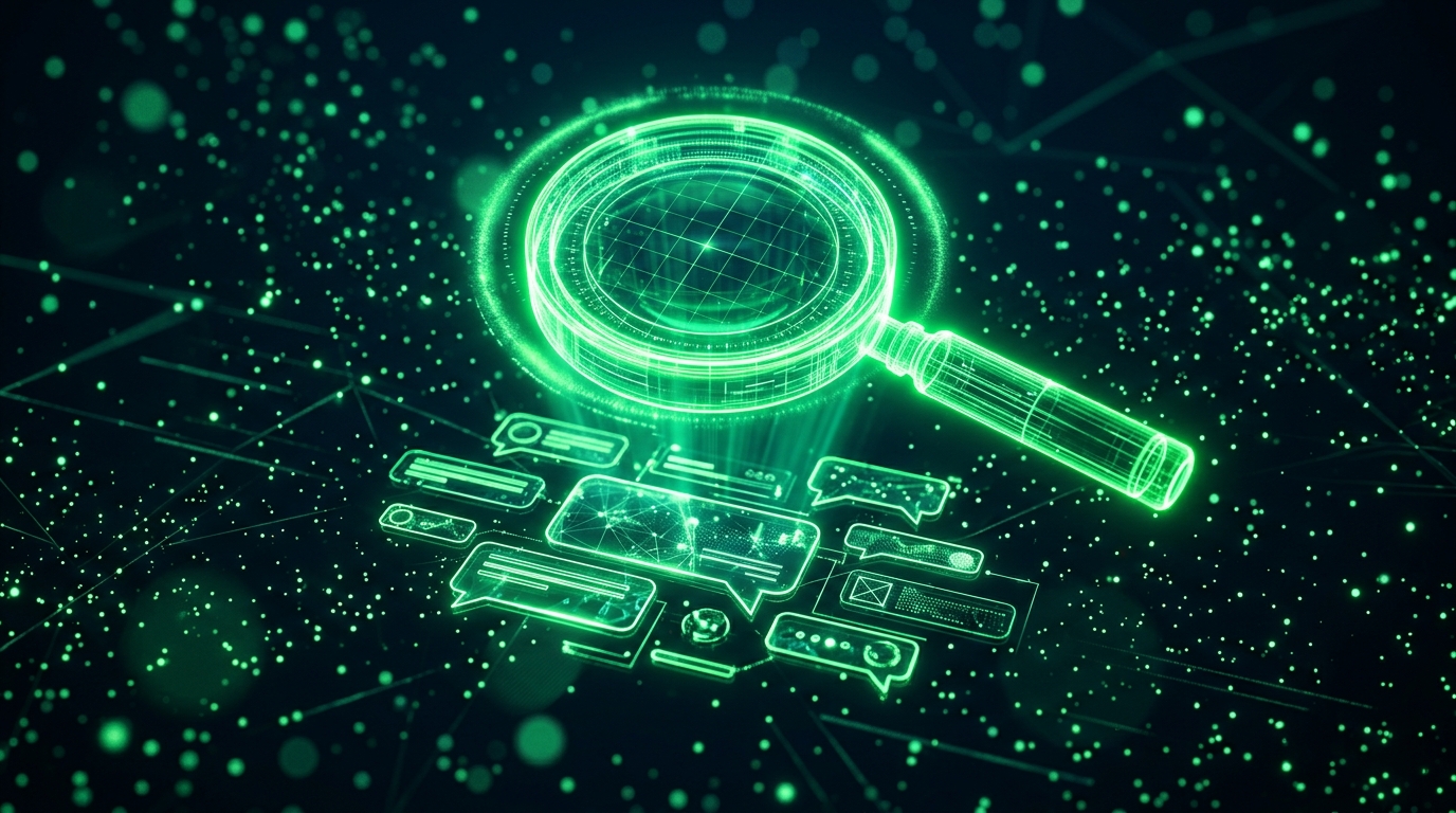 lupa holográfica verde neon sobre resposta de chat de ia em fundo escuro cinematográfico